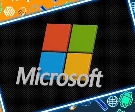 Старый логотип Microsoft и плавающие иконки.