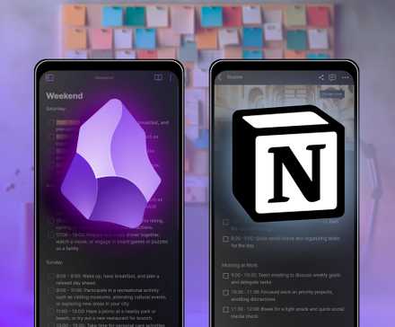 On the left, a smartphone with the Obsidian logo, on the right a smartphone with the Notion logo.