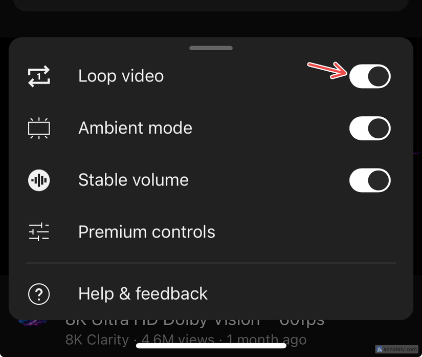 Loop video option in a YouTube video.