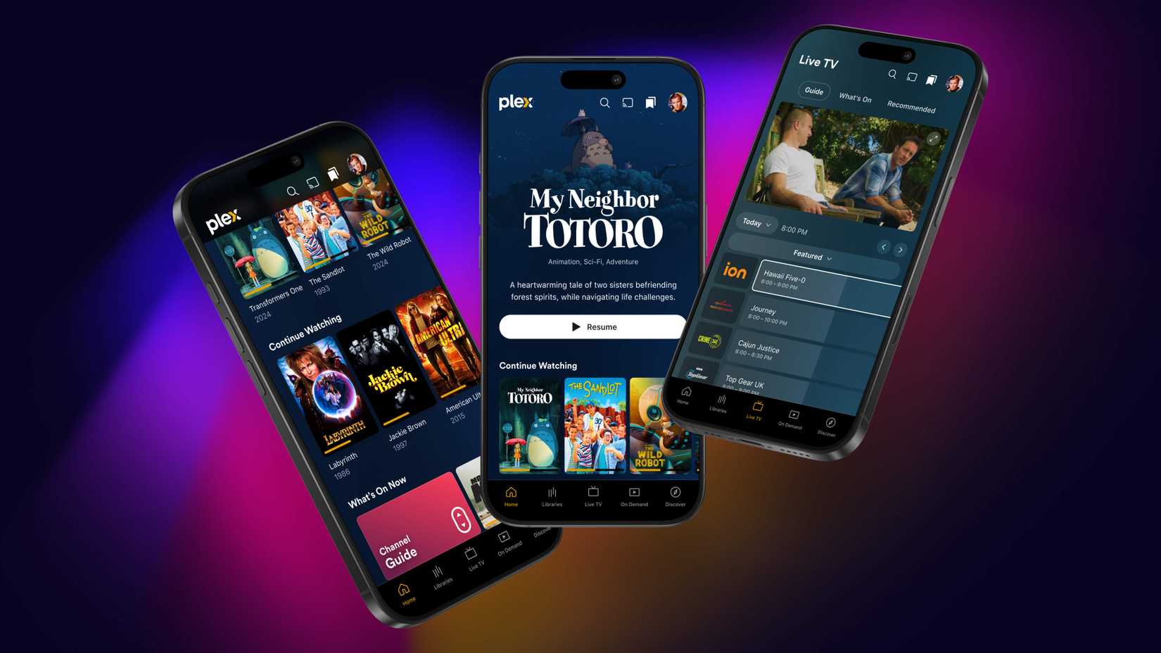 Three smartphones running the redesigned Plex mobile app.