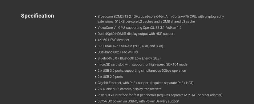 Raspberry Pi 5 specifications listed on the official website.