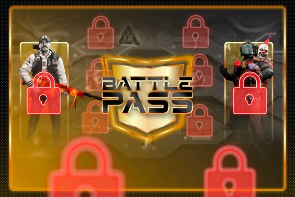 Some game items locked with a padlock icon and a 'Battle Pass' icon in the center.