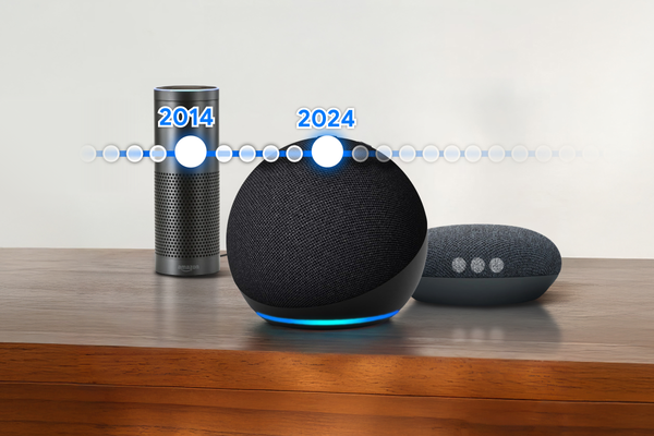 Some smart speakers on a wooden table and a 10-year timeline.