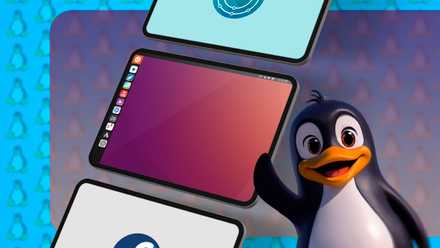 Some screens with Linux and the Linux mascot waving.