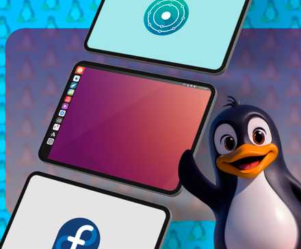 Some screens with Linux and the Linux mascot waving.