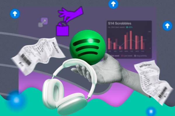 A hand holding headphones with the Spotify logo above it and some graphs around.