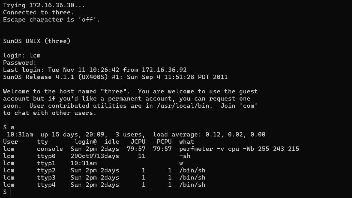 An SSH session running in a vintage Unix system.