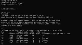 An SSH session running in a vintage Unix system.