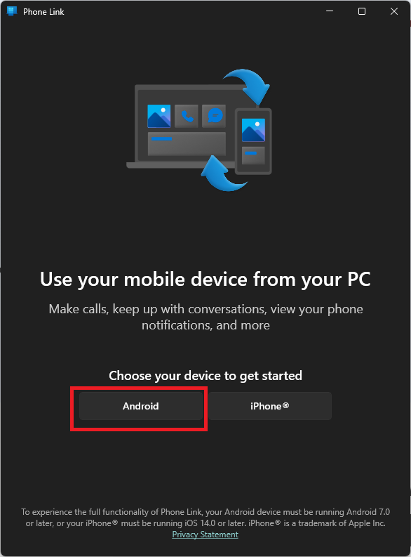 The Android button in the WIndows Phone Link app.