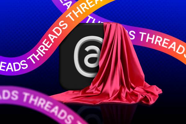 Threads logo partially covered with a cloth and surrounded by ribbons labeled 'threads'.