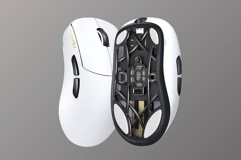 The top and bottom of the Lamzu Thorn wireless gaming mouse.
