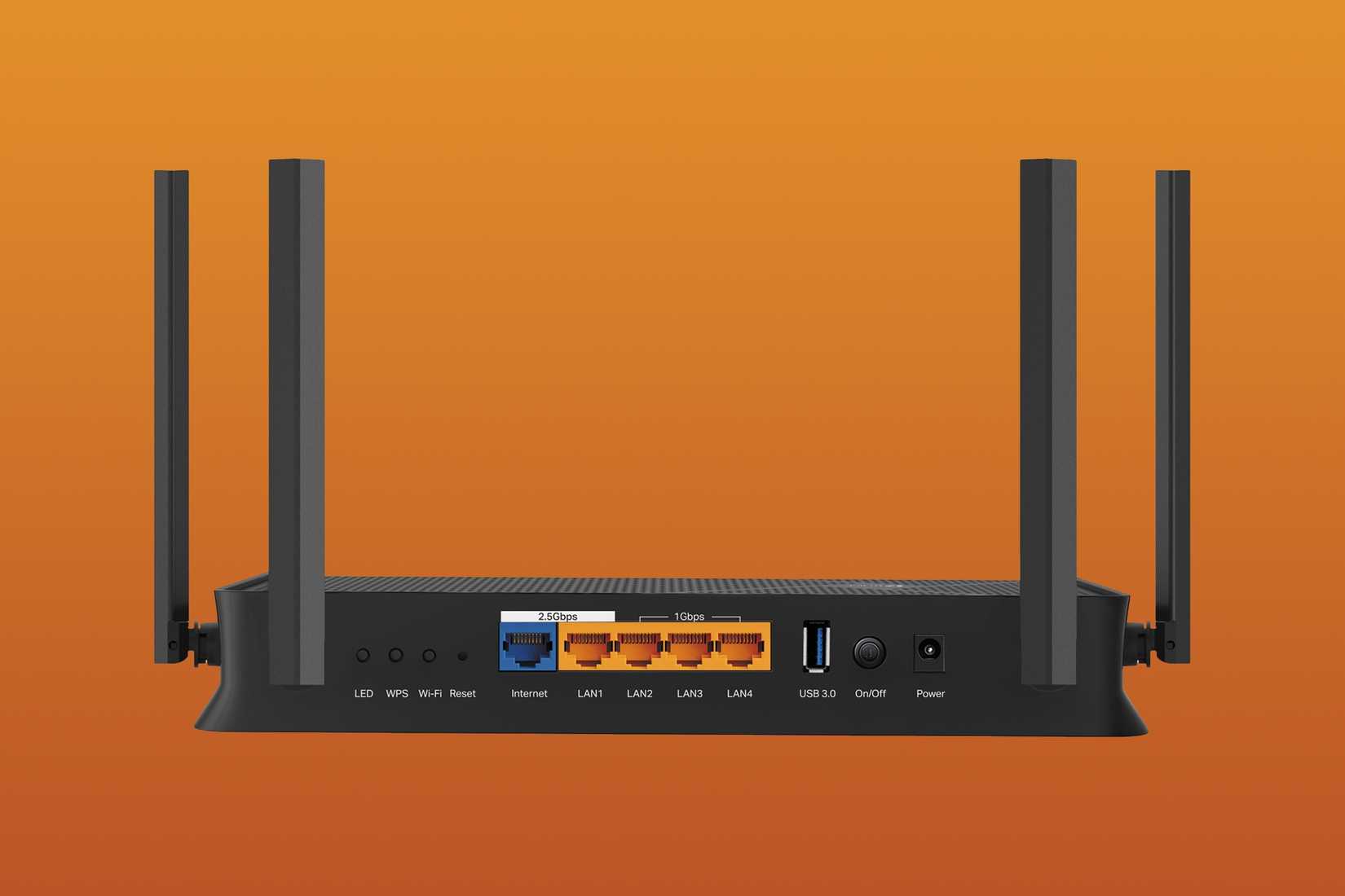 TP-LINK's Archer BE3600 Wi-Fi 7 Router showcasing its back ports.