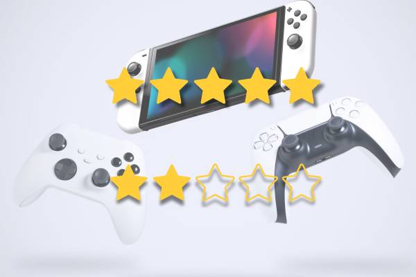 Various gaming controllers with star ratings of five and two stars on the top and bottom.