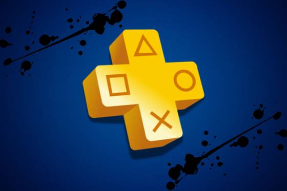 The PlayStation Plus logo on a blue background with splotches around it.