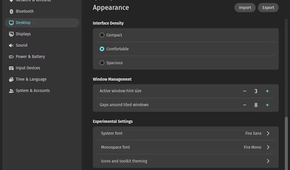 This screenshot shows the new Experimental Settings on the Appearance Settings page that include custom system fonts, monospace fonts, icons, and toolkit theming.