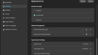 This screenshot shows the new Experimental Settings on the Appearance Settings page that include custom system fonts, monospace fonts, icons, and toolkit theming.