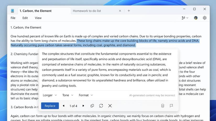 Bloco de notas do Windows usando IA generativa para alterar uma frase falando sobre como o DNA e os aminoácidos são os principais blocos de construção da vida.