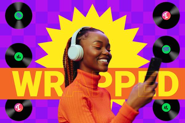 A woman holding her phone while listening to music with headphones, some vinyl records beside her, and 'wrapped' written in the center. 