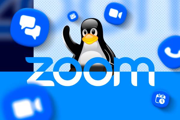 Zoom logo, Linux mascot waving behind, and some meeting icons around.