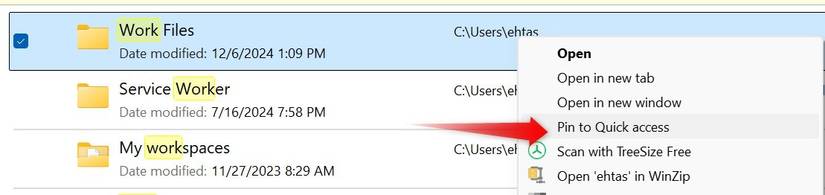Pinning a folder to Quick Access in Windows.