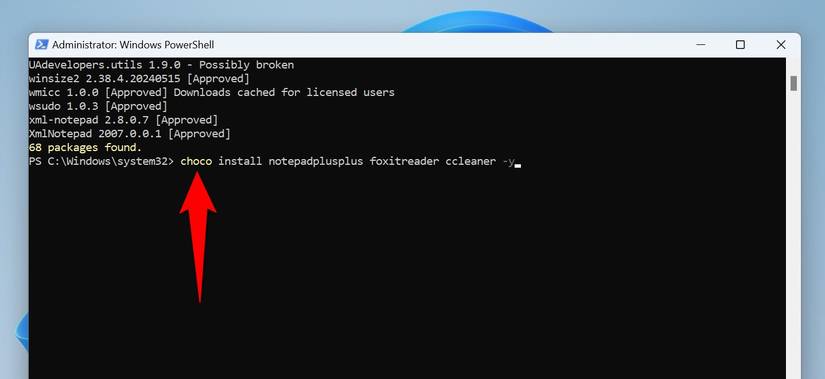 The command to install multiple apps via Chocolatey Package Manager typed in Command Prompt.