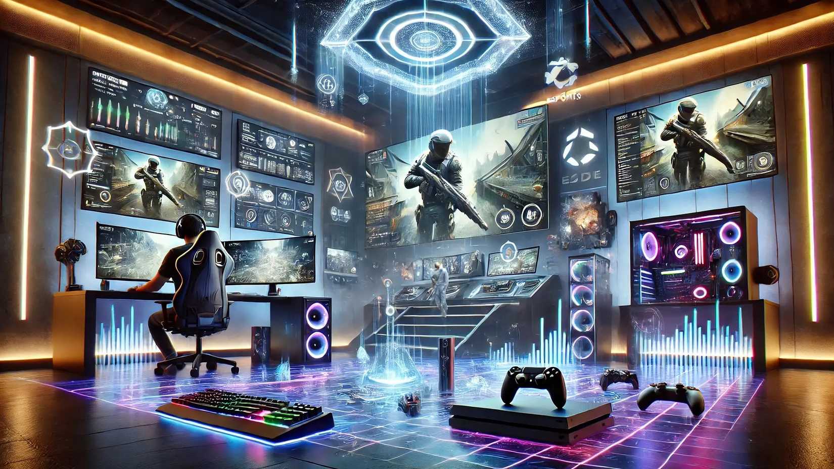 An AI-generated image of gaming screens, consoles, speakers, PCs, and keyboards in a futuristic room with neon lights.