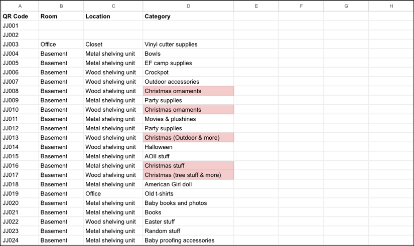 Google Таблицы, вкладка с картой хранения.