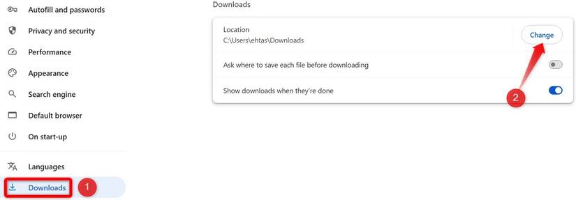 Changing the default download location in Chrome.