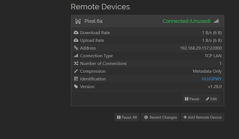 Syncthing web app showing it is connected to another device.