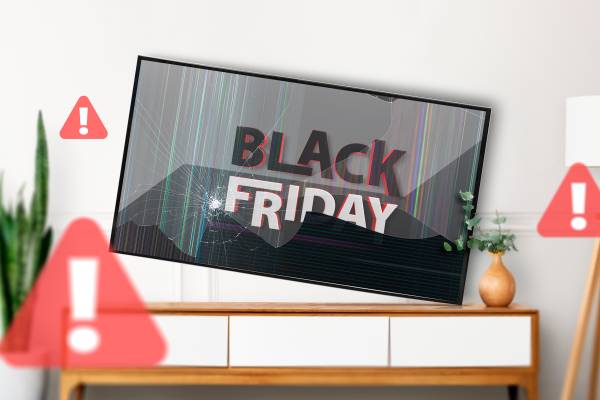 A broken TV with 'Black Friday' on the screen.