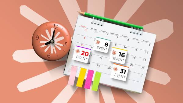 A calendar with some scheduled events and a clock with the Claude AI logo beside it.