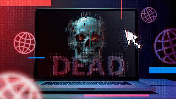 A laptop with a robotic AI skull, the word 'dead' below, and some internet icons around it.