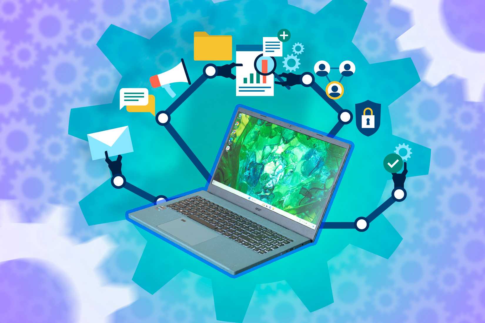 A laptop with robotic arms that performs automated tasks