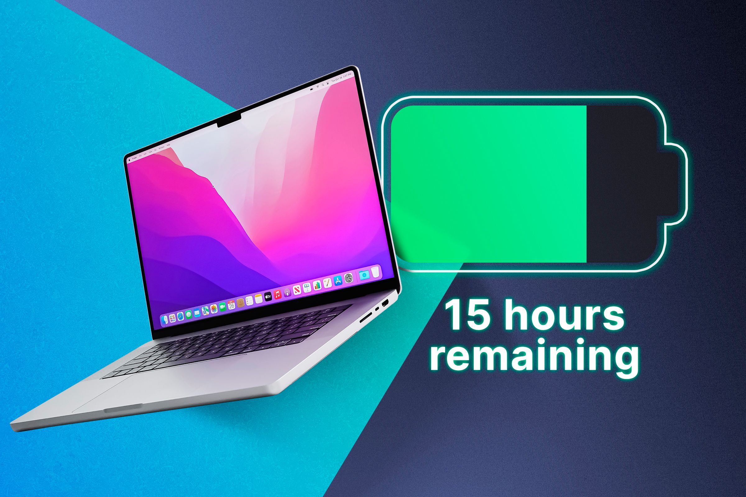 A MacBook with a battery icon next to it showing the remaining charge time.