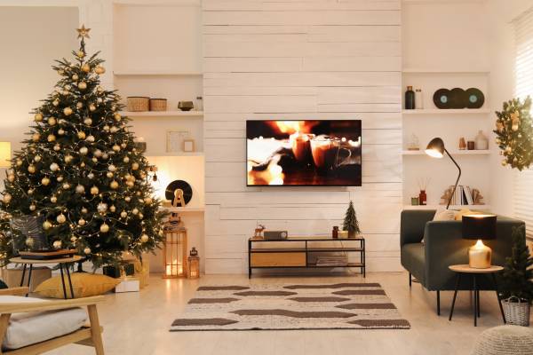 A modern family home at Christmas time.