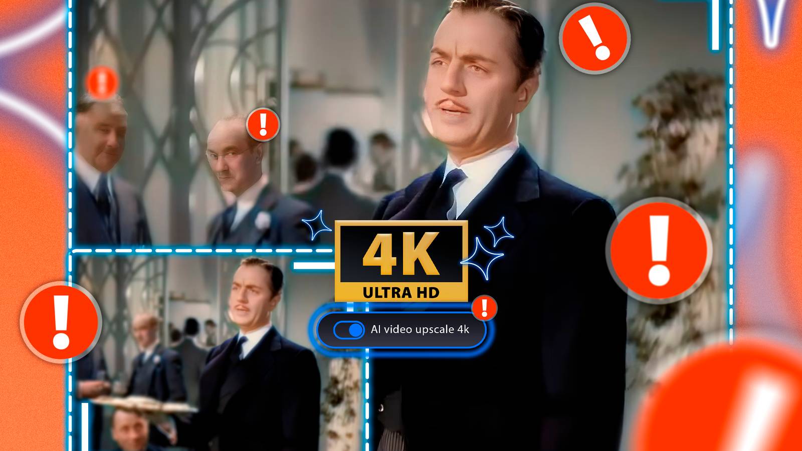 A movie upscaled to 4K with AI and warning signs around it.