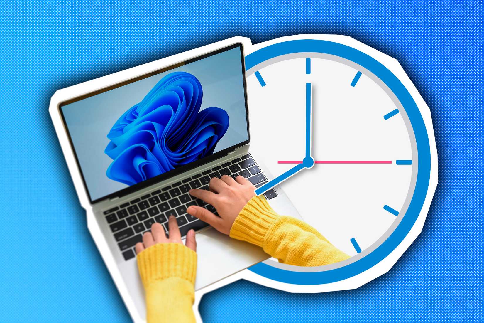 A person using a laptop with Windows 11 and a clock beside it.