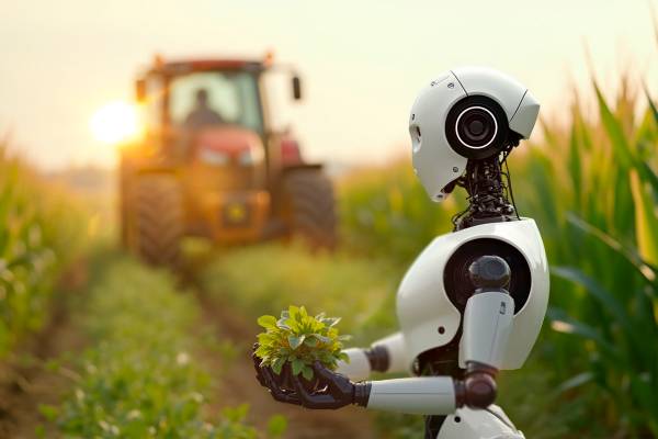 A robot on a plantation with a tractor in the background.