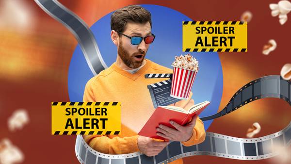 A surprised man reading a book with a clapperboard and a popcorn bucket above the book, and a sign that says 'Spoiler Alert'.