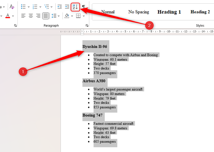 A Word document containing details of three passenger planes under heading styles. The text is selected, and the Sort icon is highlighted.
