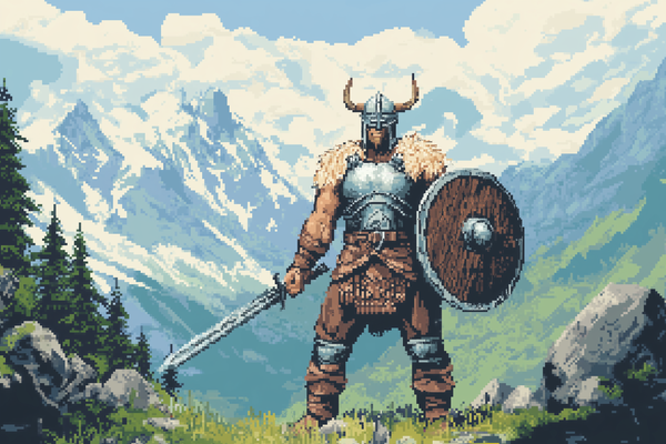 AI-generated pixel art of a norse warrior.