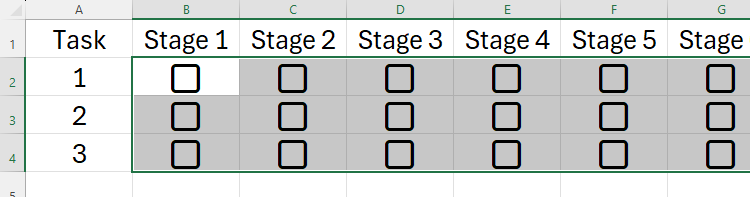 An Excel sheet showing cells B2 to G4 containing checkboxes.