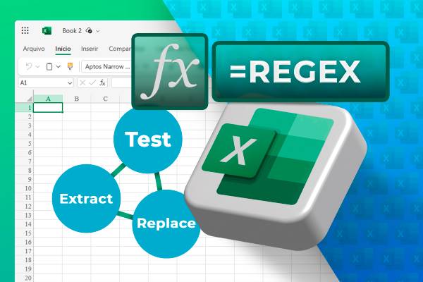 An Excel spreadsheet with the logo next to it and the 'Regex' function above the logo.