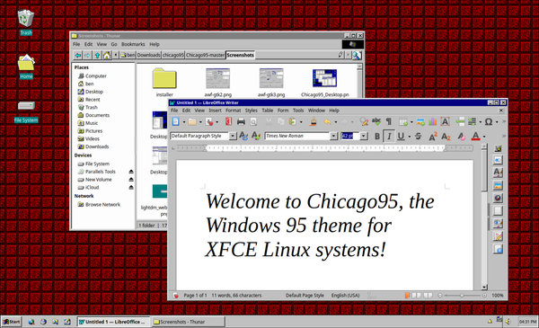 The Chicago95 theme applied to an XUbuntu installation, showing Thunar and Libre Writer with Windows 95 style UI applied.