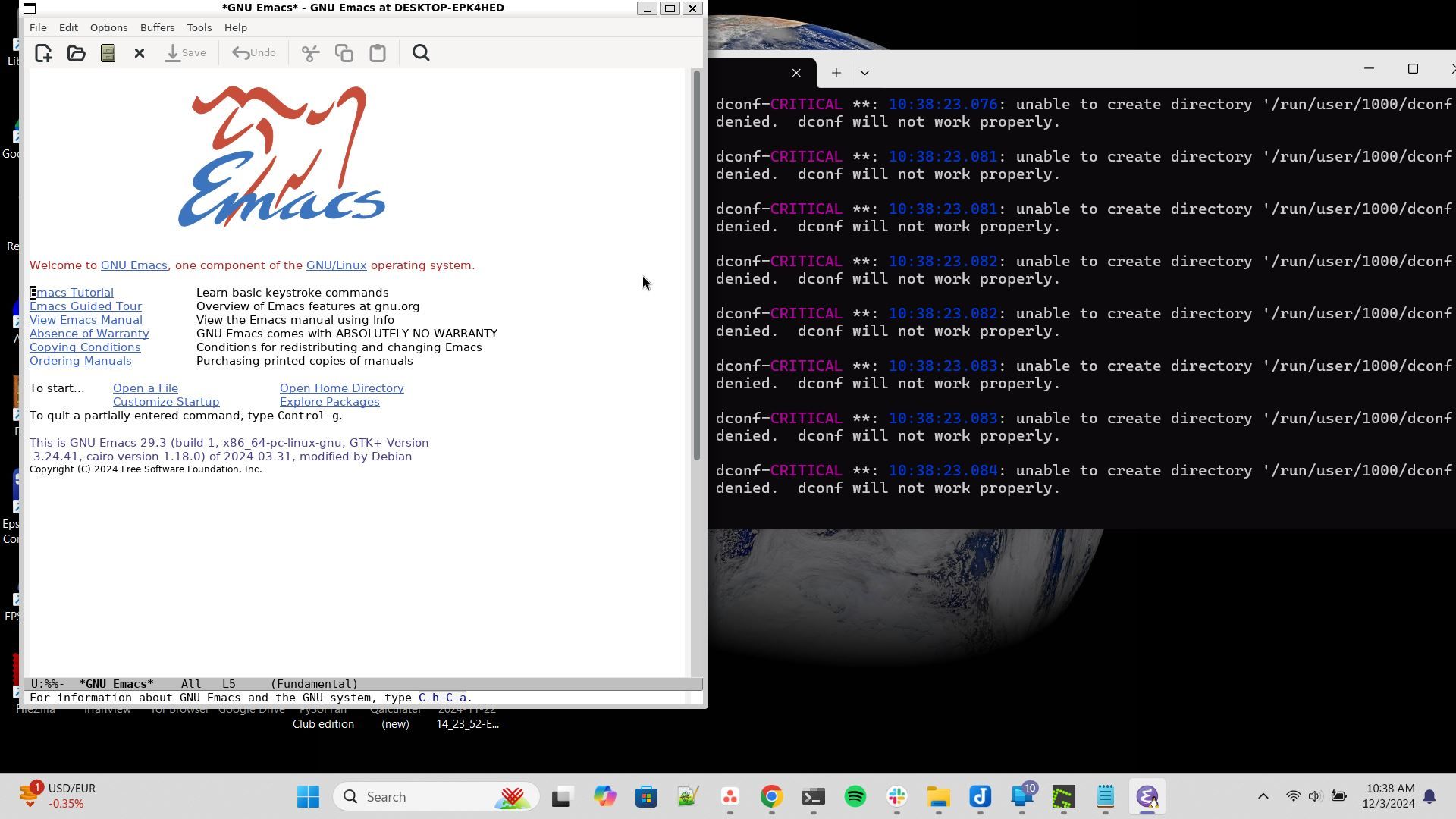 GNU Emacs launched from WSL.