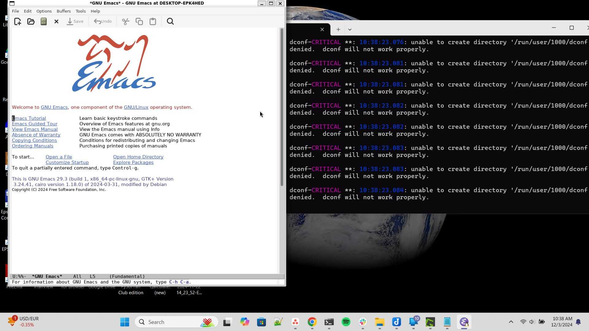 GNU Emacs launched from WSL.