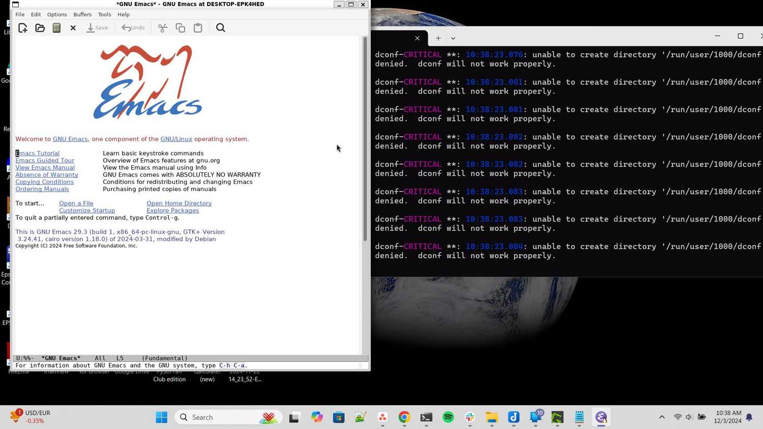 GNU Emacs launched from WSL.