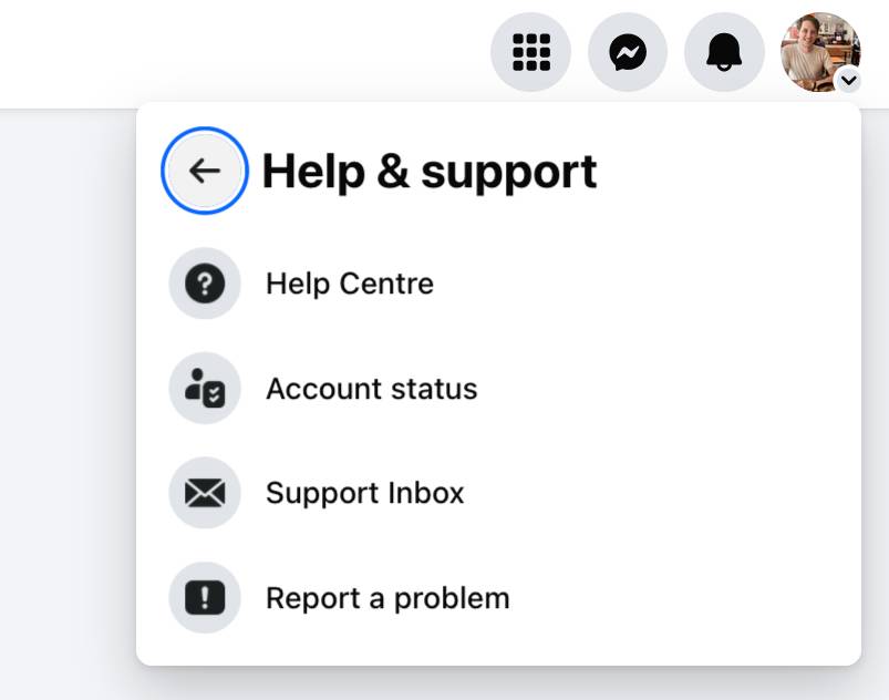 Opções de 'Ajuda e Suporte' do Facebook no site da área de trabalho.