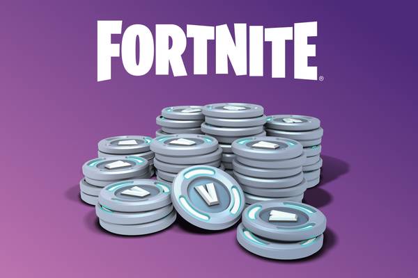 A pile of V-Bucks below the Fortnite logo.