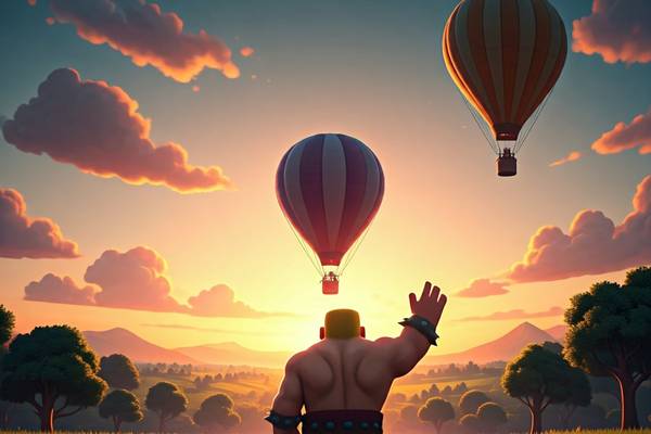 A barbarian waving at a hot air balloon as it sails into the sunset.